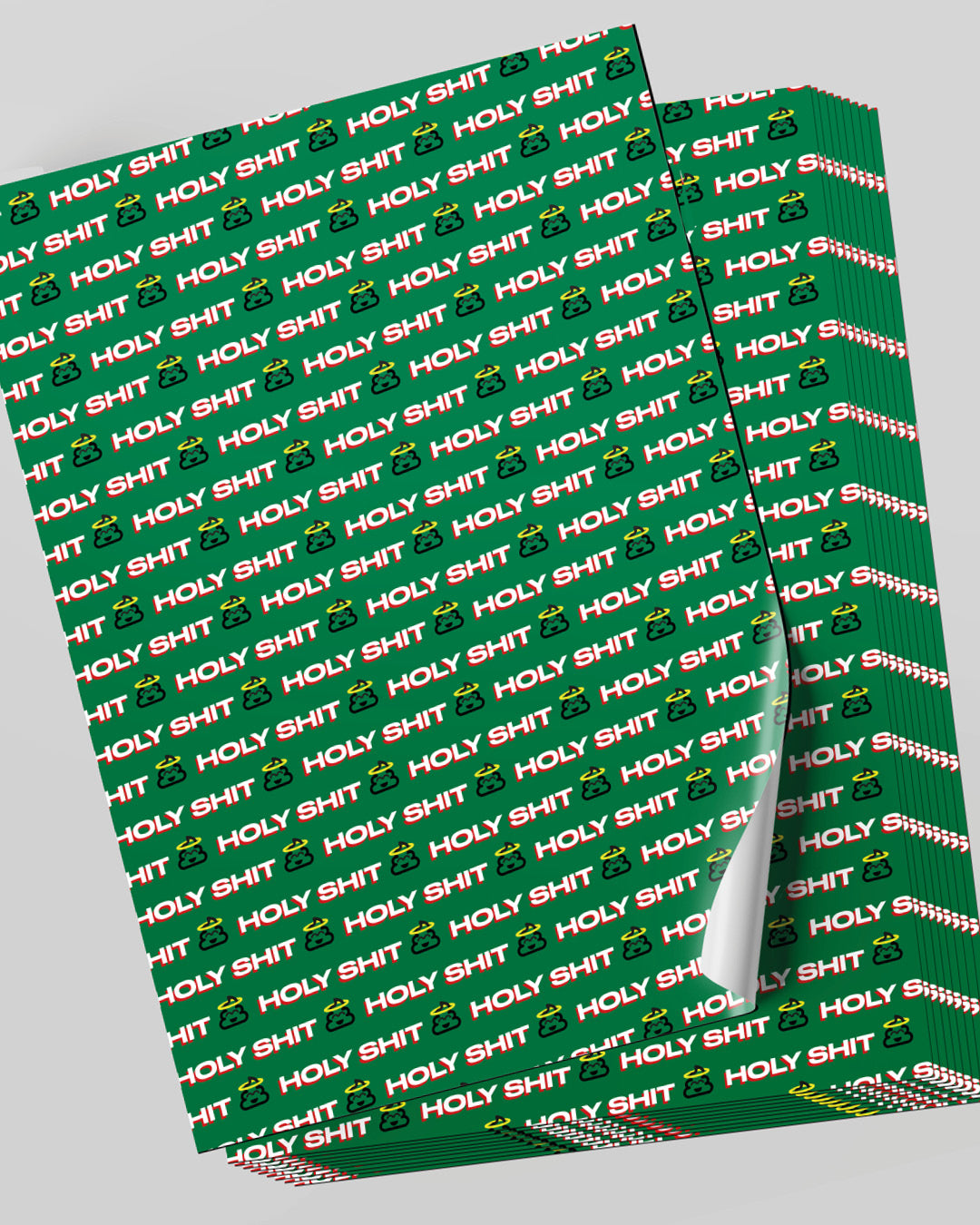 Framelette Geschenkpapier Holy Shit grün mit Poop Emoji und Heiligenschein gestapelte Bögen