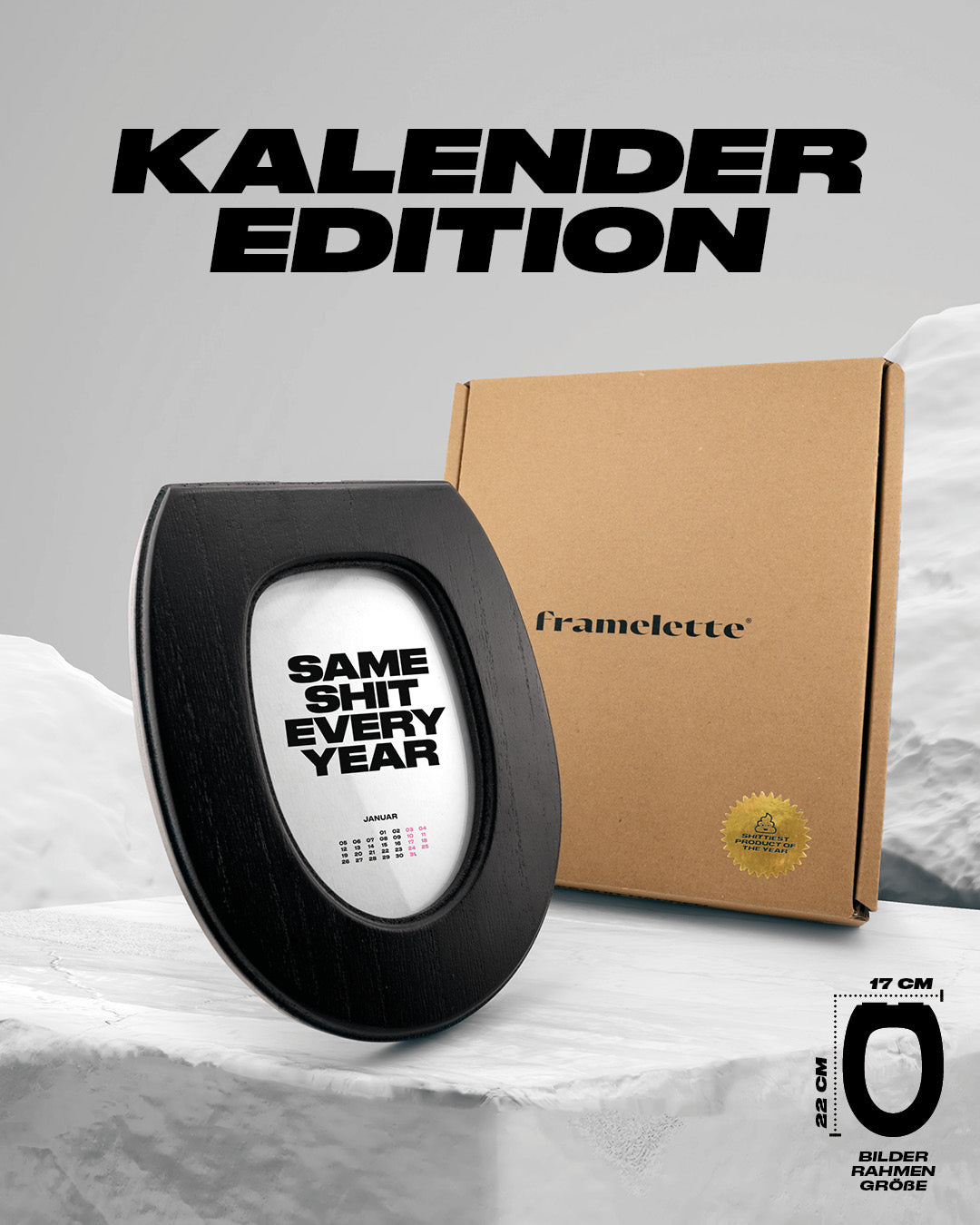 Framelette Kalender Edition Same Shit Every Year mit Verpackung &  Maße 22x17cm auf Steinsockel