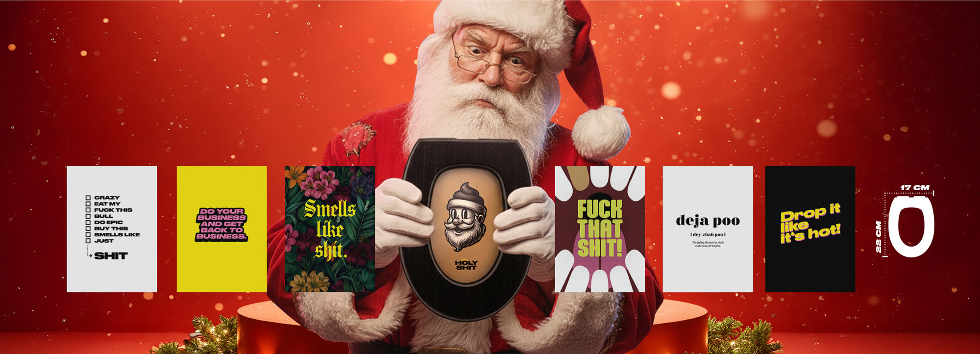 Weihnachtsmann hält Framelette Bilderrahmen mit Holy Shit Poster und Posterkarten Auswahl Weihnachtsaktion